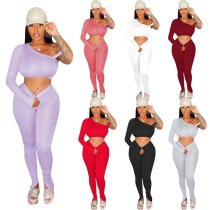 High Elastic Ribbed Single Long Sleeve Crop Top and Skinny Pencil Pant Legging Women Two Piece Set Fall Clothing Bar Club Outfit