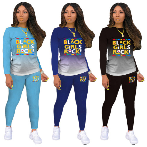 Gradient Letter Print Long Sleeve Tshirts Tops and Slim Fit Legging Women 2 Piece Sets Active Wear Workout Plus Size Club Outfit