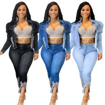 Beaded Embellished Denim Two Piece Set Women's Costumes Turn Down Collar Long Sleeve Crop Jacket and Skinny Jean Pant Tracksuit
