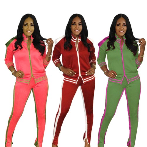 Striped Spliced Sportswear Outfits Women's Tracksuit Zipper Up Long Sleeve Jackets and Fitness Legging Activewear Sweat Suits