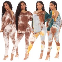 Tie Dye Print 2 Piece Set Women Casual Loose Long Sleeve T-shirt Tops and Bodycon Sweatpant Autumn High Waist Backless Outfit