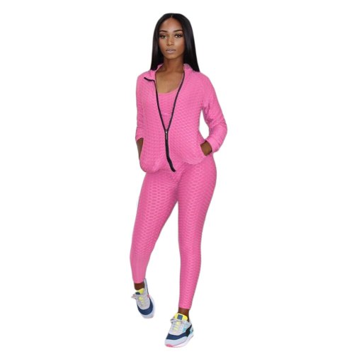 Activewear Tracksuit Women 3 Piece Sporty Suits Skinny Tank Tops+bodycon Jogger Sweatpant+long Sleeve Zipper Coat Matching Sets