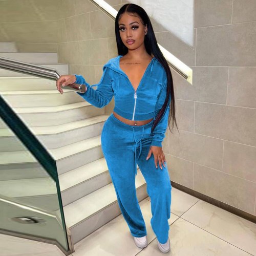 Women Velvet Tracksuit 2 Pieces Sets Zipper Hooded Long Sleeve Crop Jacket and Drawstring Sporty Sweatpant Autumn Winter Clothes