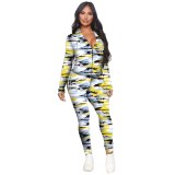 Camouflage Print Long Sleeve Hooded Slim Jackets and Bodycon Skinny Pants Casual Sweatsuit Autumn Active Wear 2 Piece Tracksuits