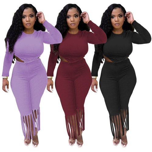 Women's Tracksuit Early Autumn Long Sleeve Irregular T-shirt Tops and Bodycon Tassels Trouser Sweet Girls 2 Two Piece Outfits