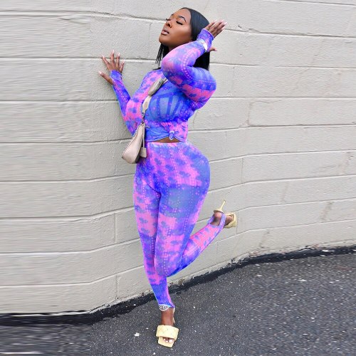 Tie Dye Print Biker Style Two Piece Set Women Long Sleeve Cropped Tops and Body-shaping Skinny Legging Sporty Slim Streetwear