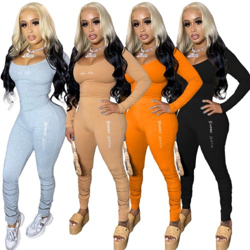 Letter Embroidery Fitness Tracksuit Women 2 Piece Suit O Neck Long Sleeve T-shirt and Stacked Legging Loungewear Skinny Outfits