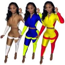 Moto & Biker Contrast Color Spliced Two Piece Club Outfits Women Zipper Up Full Sleeve Crop Top and Slim Sheath Bodycon Pants