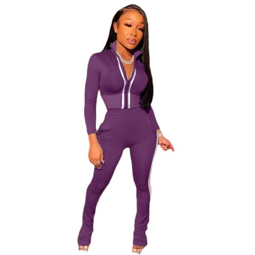 Zipper Up Long Sleeve Bandage Crop Top+slim Fit Leggings 2 Piece Set Women Casual Sportswear Tracksuit Work Out Matching Sets