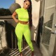 Neon Green Fitness 2 Two Piece Pant Suit Women Tracksuit Half High Necked Short Sleeve Crop Top+stretchy Legging Yoga Gymwear