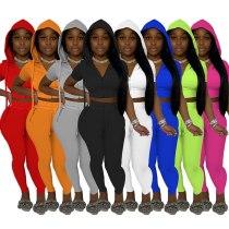 Summer Two Piece Set Women Short Sleeve Hooded Zipper Up Workout Jacket+sporty Trouser Drawstring Running Stretchy Sweatsuits
