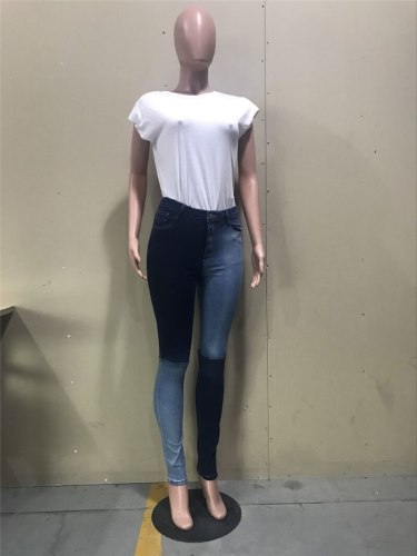 Patchwork Women Stretchy Jeans Pencil Pants Button Fly Pockets Slim Denim Trousers Streetwear