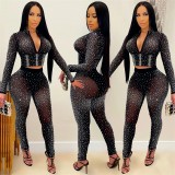 Crystal Diamonds Sheer Mesh Two Piece Set Night Club Suit Zipper Long Sleeve Slim Crop Top  Pencil Pants with Underwear