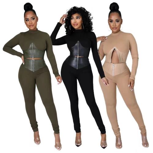 PU Leather Patchwork Zipper Two Piece Set Half High Neck Long Sleeve Corset T-shirt Crop Top Pencil Pants Tracksuit