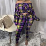 Plus Size 2 Piece Set Women Long Sleeve Crop Top Femme Off Shoulder Lounge Wear Plaid Sets Spring Outfits Wholesale Dropshipping