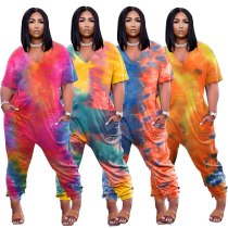 Plus Size Tie Dye Printed Jumpsuit Women V-neck One Piece Playsuit Elegant Vintage Outfits Summer Overalls S~5XL Long Pants