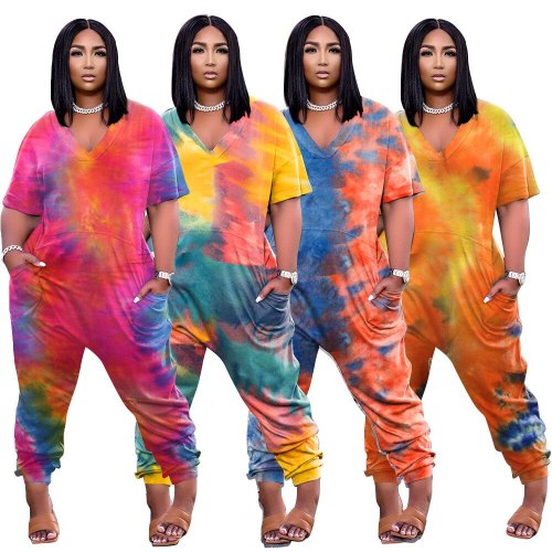 Plus Size Tie Dye Printed Jumpsuit Women V-neck One Piece Playsuit Elegant Vintage Outfits Summer Overalls S~5XL Long Pants