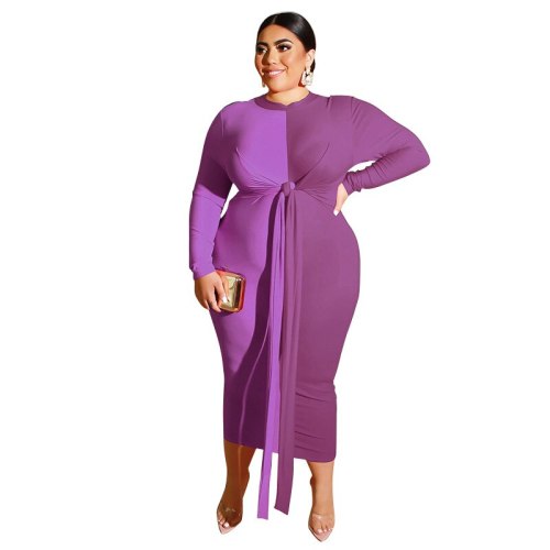 Autumn Womens Casual Round Neck Long Sleeve Dress Color Matching Contrast Tight Bag Hip Sexy Plus Size Dress Mid-calf Length