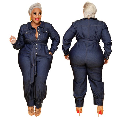Winter Office Work Ladies Jumpsuit 2021 Women Overalls Casual Long Sleeve Denim Jeans Playsuits Pantalon Femme Plus Size 4XL 5XL