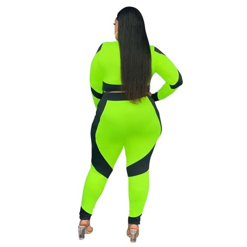 Plus Size Tracksuit Women Set Fashion Turn Down Collar Zipper Tops Color Matching Stretch Sexy Pants Suits Wholesale