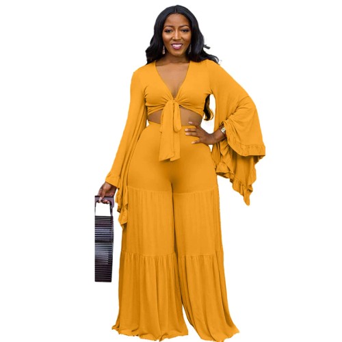 Large Size Ruffle Long Sleeve 2 Piece Outfits for Women Sexy Lace-up V-neck Top with Floor Length Trouser Plus Size Set