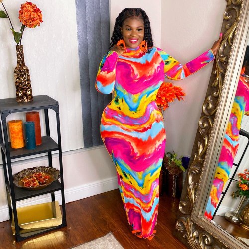 Women Bodycon Skinny Dresses Long Sleeve Tie Dye Print Autumn Winter Holiday Party Elegant Dress Robe Femme Vestido Big Size 5XL