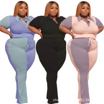 Plus Size Casual Suit 3xl Fashion Turn Down Collar Color Matching Lace-up Pants Sets Two Piece Women Sexy Wholesale Dropshipping