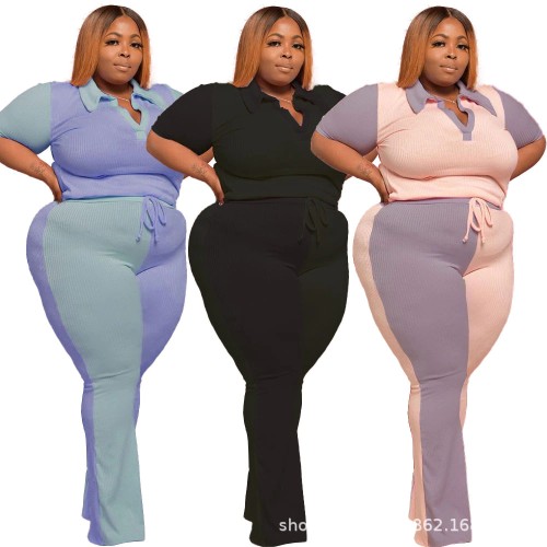 Plus Size Casual Suit 3xl Fashion Turn Down Collar Color Matching Lace-up Pants Sets Two Piece Women Sexy Wholesale Dropshipping