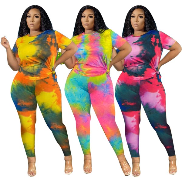 Plus Size Women Clothing 2 Piece Sets Outfits Tie Dye Pants Sets Crop and Top Summer  Two Piece Suits Streetwear 4XL 5XL