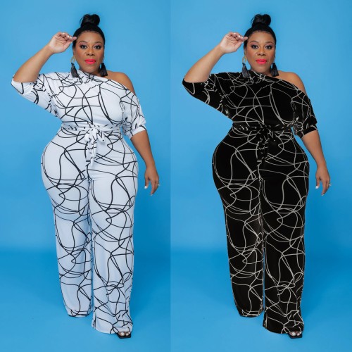 Plus Big Size Women Jumpsuit Sexy One Shoulder Wide Leg Printed Rompers One Piece Long Elegant Vintage Boho Playsuit XL~5XL