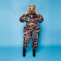 2 Piece Sets Womens Club Outfits Elegant Letter Printed Long Sleeve Jacket Top And Pant  Female Matching Suits Plus Size 4XL 5XL