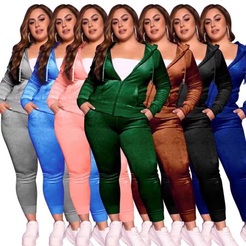 Plus Size 3XL 4XL Velvet 2 Piece Set Long Sleeve Zipper Hoodie + Pants Sweat Suits Women Sports Matching Sets Winter Tracksuit