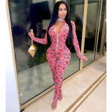 Butterfly Print Mesh Sheer Rompers Womens Jumpsuit Long Sleeve Front Zipper Clubwear Bodycon Overalls One Piece Outfits Mono