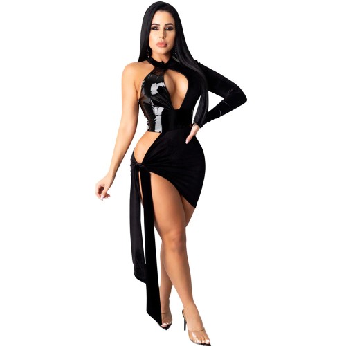 Elegant PU Leather Patchwork Velvet Party Dresses Women Evening Hollow Out One Shoulder Halter Lace Up Bodycon Bandage Dress