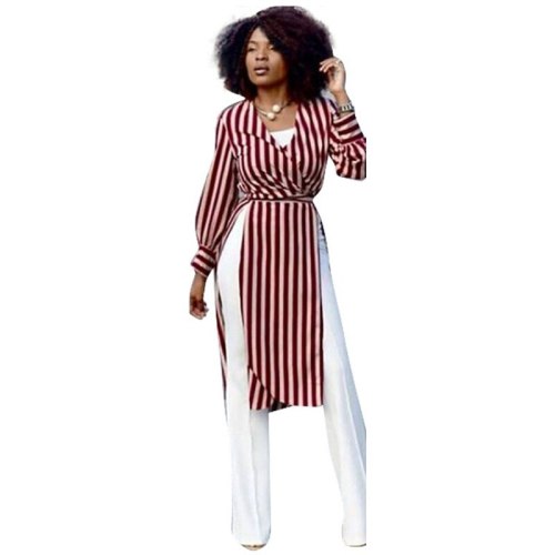 Sexy Print Red Striped T Shirt Dress with Side High Slits Women Summer Fashoin V-Neck Long Sleeve Casual Midi Dresses Vestidos
