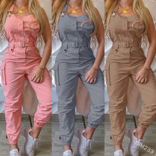 Casual Strap Jumpsuit Women Loose Long Rompers Pockets Summer Cargo Pants Khaki Pink Female Jumpsuits Casual Work Out Playsuits