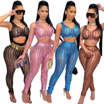 Sexy V-Neck Hollow Out Two Piece Set Women Summer Sparkly Crop Top Pant Suits Party Night Club Outfits for Wowen Ensemble Femme