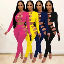 Button Hollow Out Bandage Two Piece Set Women 2021 Sexy Crop Top + High Waist Leggings Birthday Party Club Matching Sets Outfits
