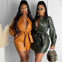 PU Faux Leather Shirt Dress Women Clothing Turn-down Collar Button Mini Party Dress Night Club Wear Sexy Dress with Belt Vestido