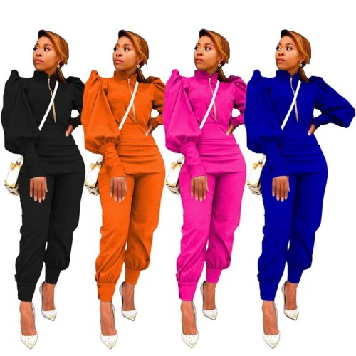 Korean Fashion 2 Piece Sets Womens Outfits Matching Sets Puff Sleeve Zip Jacket Top and High Waist Cargo Pants Suits Wholesale