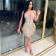 Luxury Rhinestone Sparkly Birthday Dress for Women Elegant Clubwear Mesh Sheer Feather Party Dress Night Celebrity Bodycon Dress
