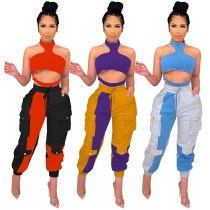 Color Block Patchwork Drawstring Tracksuit Women Sexy Halter Tube Backless Crop Top + Sweat Pants Slim Two Piece Set Outfits