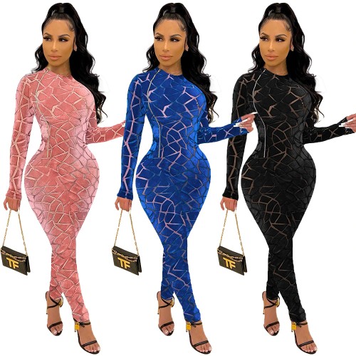Flocking Mesh Patchwork Rompers Womens Jumpsuit Sexy Zipper Long Sleeve Leggings Body Night Club Party Jumpsuit Women Overalls