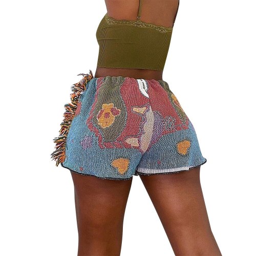 Fashion Streetwear Colorful Pattern Print Tassel Shorts Women Summer Casual Vintage Slim High Waist Short Sports Outdoor Shorts