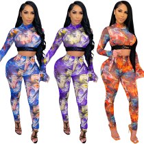 Sexy Sheer Mesh See Through Print 2 Piece Set Women Letter Turtleneck Flare Sleeve Crop Top + Pants Club Party Two Piece Set