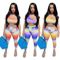 Summer Colorful Gradient Striped Print Two Piece Set Women Sexy One Shoulder Tank Crop Top + Legging Bodycon 2 Piece Set Outfits