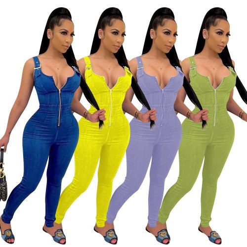Casual High Elastic Fake Denim Print Jumpsuit Women Sexy Zipper V Neck Sleeveless Tank Pencil Pants Slim Overalls for Women