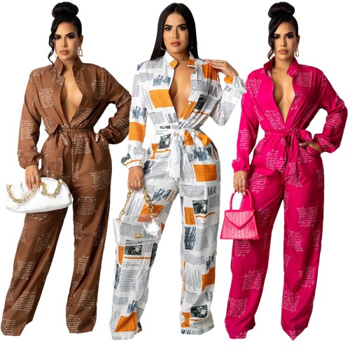 Elegant Print Jumpsuit Women Sexy Turn Down Collar Long Sleeve Sashes Lace Up Wide Leg Pants Rompers Womens Jumpsuit Clothes