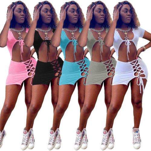 Streetwear Solid Bandage 2 Piece Outfits Dress Set Sexy Lace Up Short Sleeve Crop Top + Mini Skirts Club Party Two Piece Set