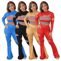 Casual Patchwork Knitted Rib Tracksuit Women Sexy Hollow Out Hole Turtleneck Crop Top + Flare Pants Club Party Two Piece Set